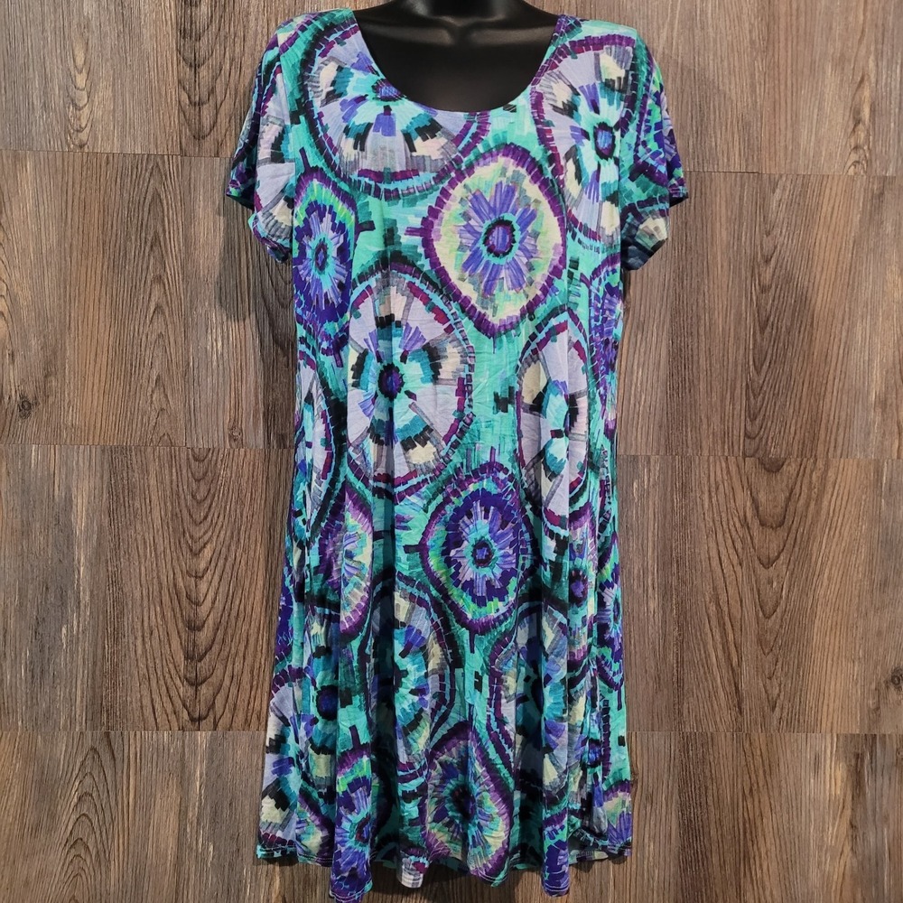 Salaam Casual T-Shirt Dress Sz L Colorful Art to Wear Geometric Marker Abstract